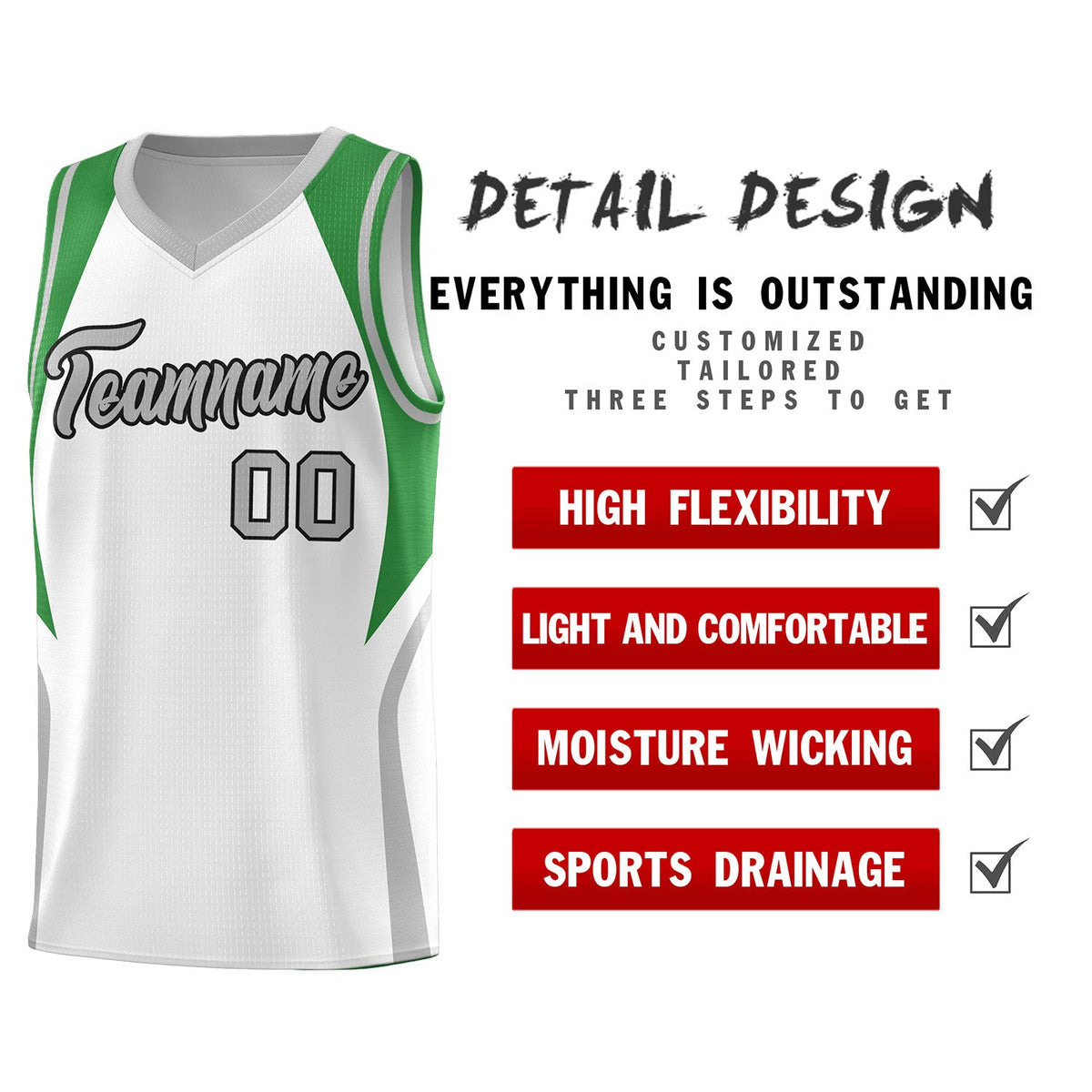 Custom White Green and Gray Color Block Sports Uniform Basketball Jersey