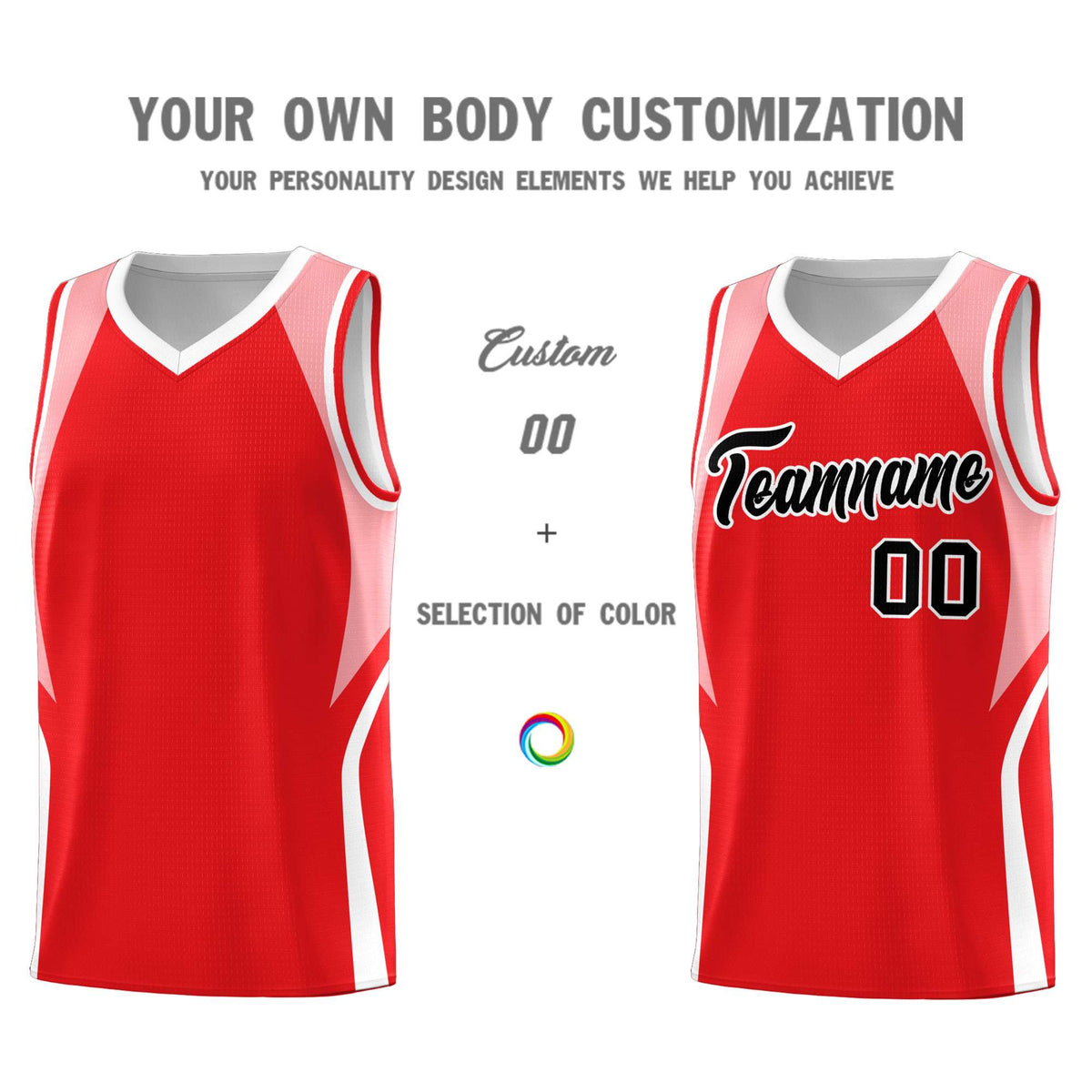 Custom Red Light Pink and White Color Block Sports Uniform Basketball Jersey