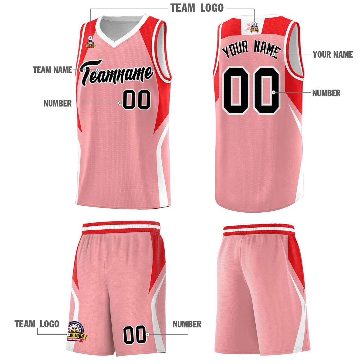 Custom Light Pink Red and White Color Block Sports Uniform Basketball Jersey