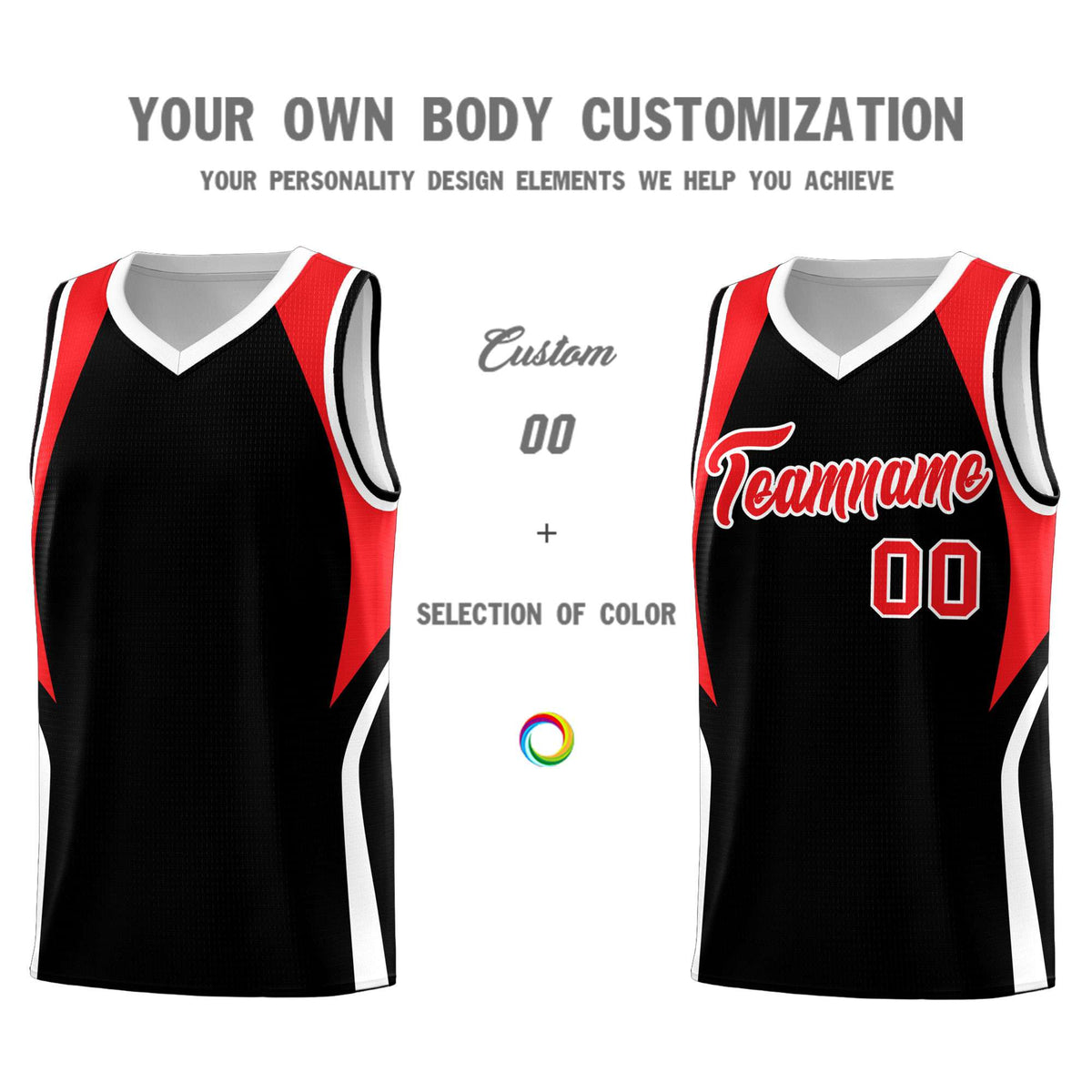 Custom Black Red and White Color Block Sports Uniform Basketball Jersey