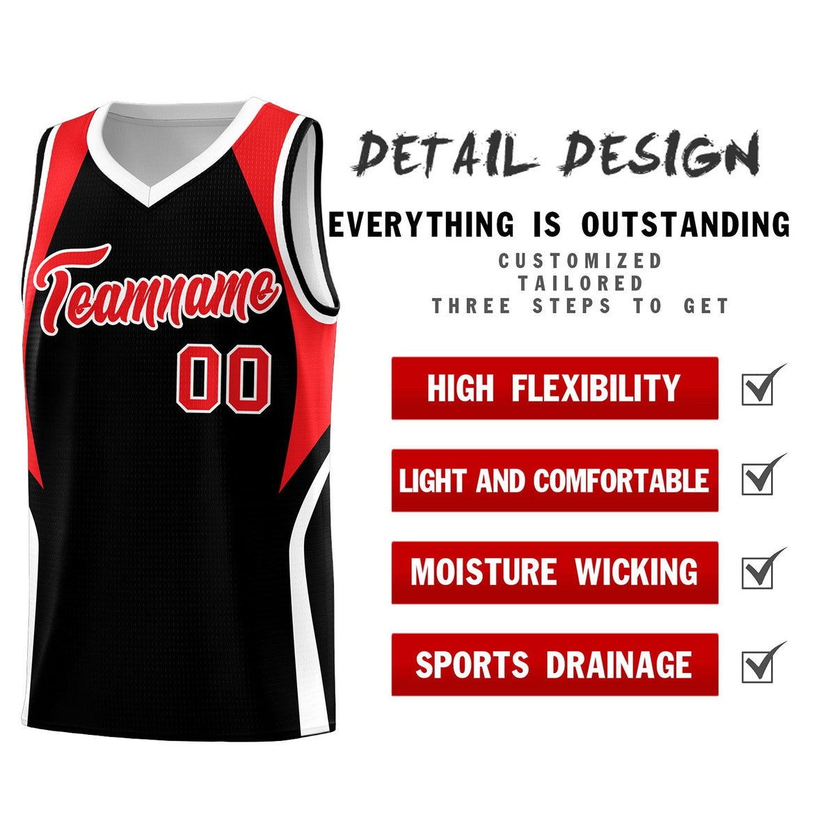 Custom Black Red and White Color Block Sports Uniform Basketball Jersey