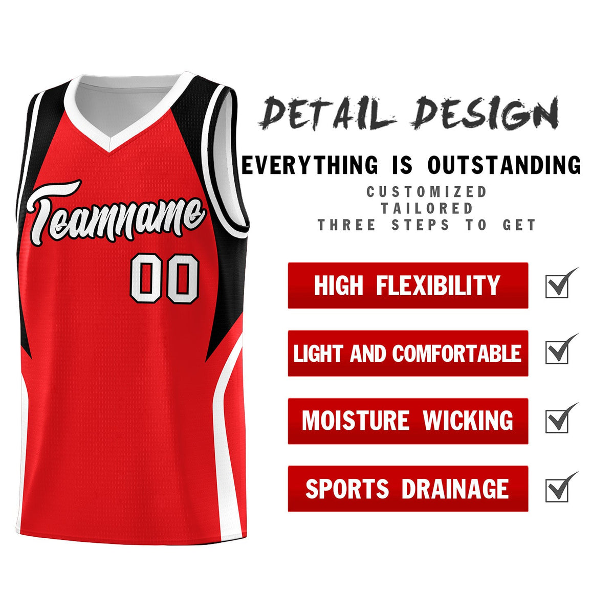 Custom Red Black and White Color Block Sports Uniform Basketball Jersey