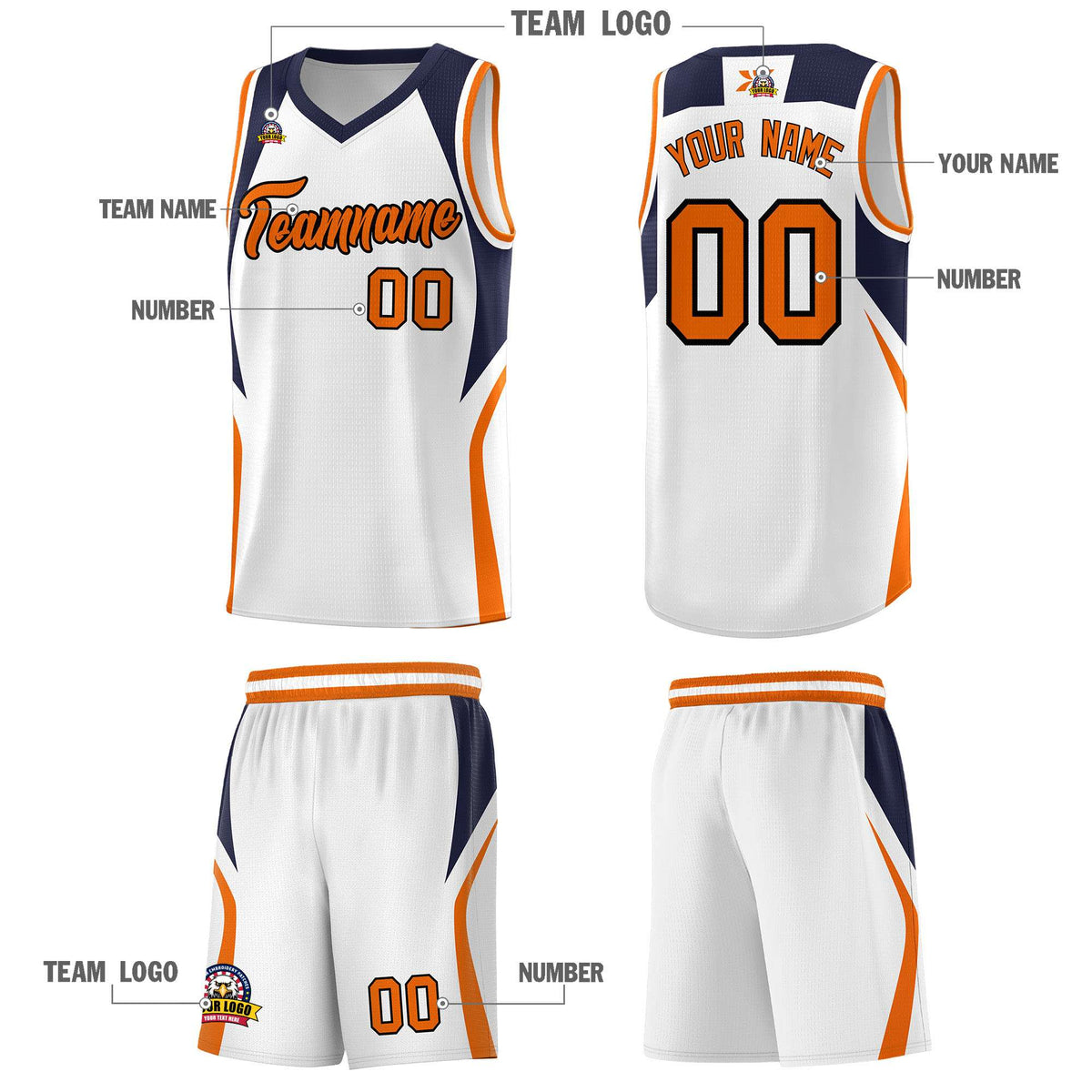 Custom White Navy and Orange Color Block Sports Uniform Basketball Jersey