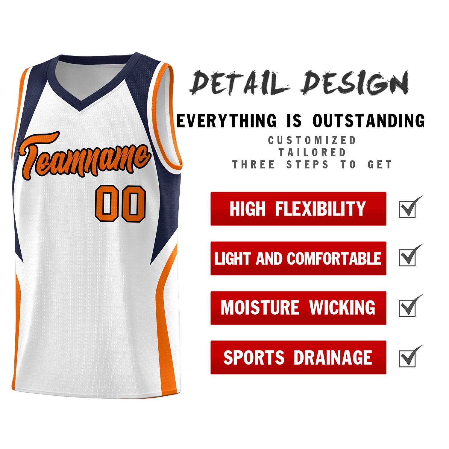Custom White Navy and Orange Color Block Sports Uniform Basketball Jersey
