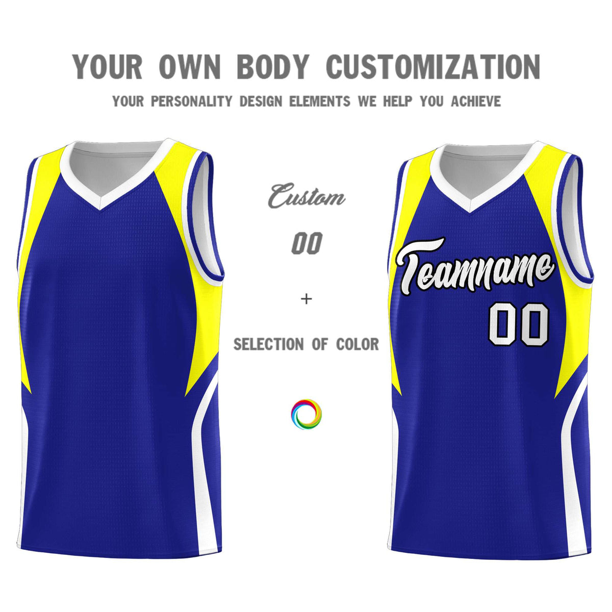 Custom Royal Yellow and White Color Block Sports Uniform Basketball Jersey