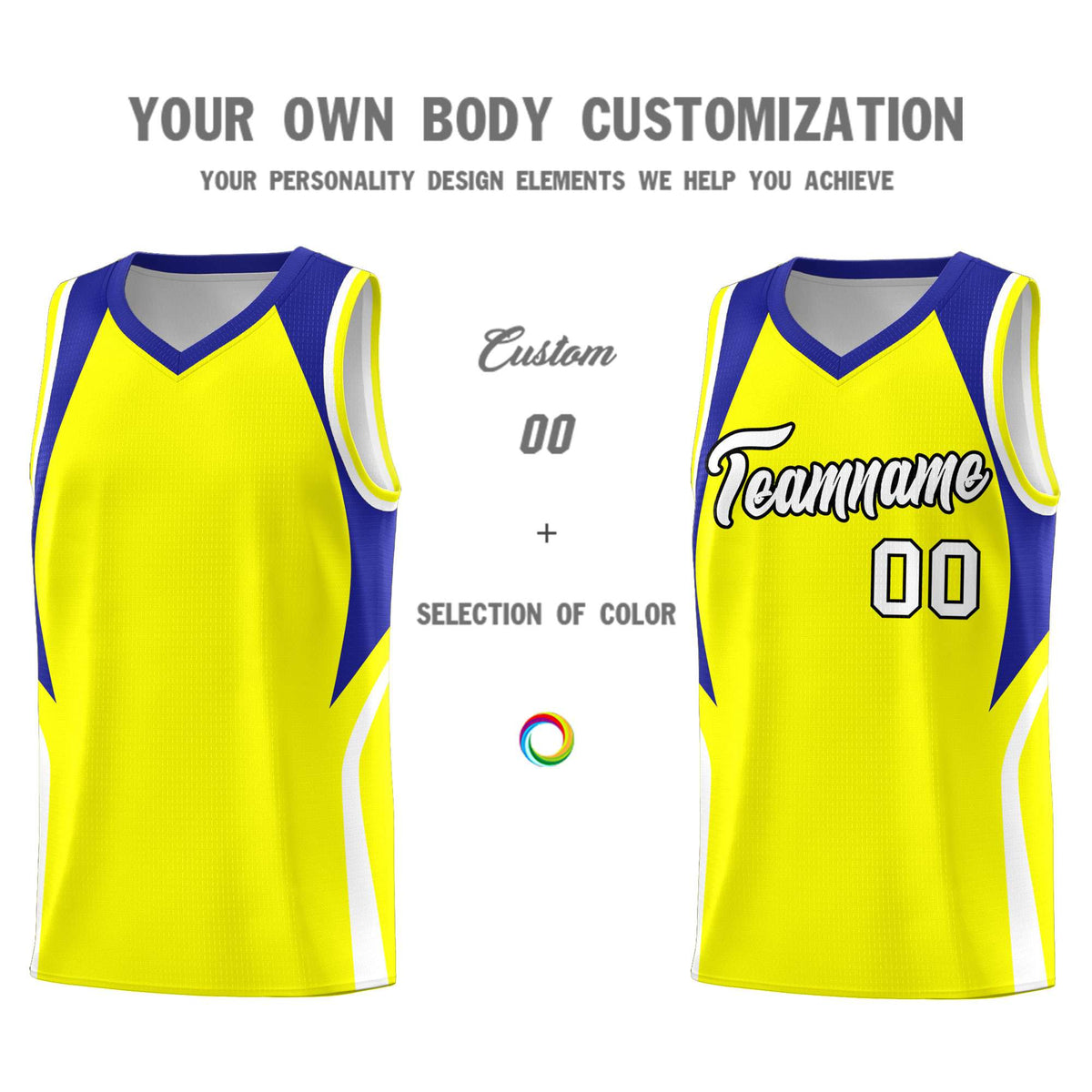 Custom Gold Royal and White Color Block Sports Uniform Basketball Jersey