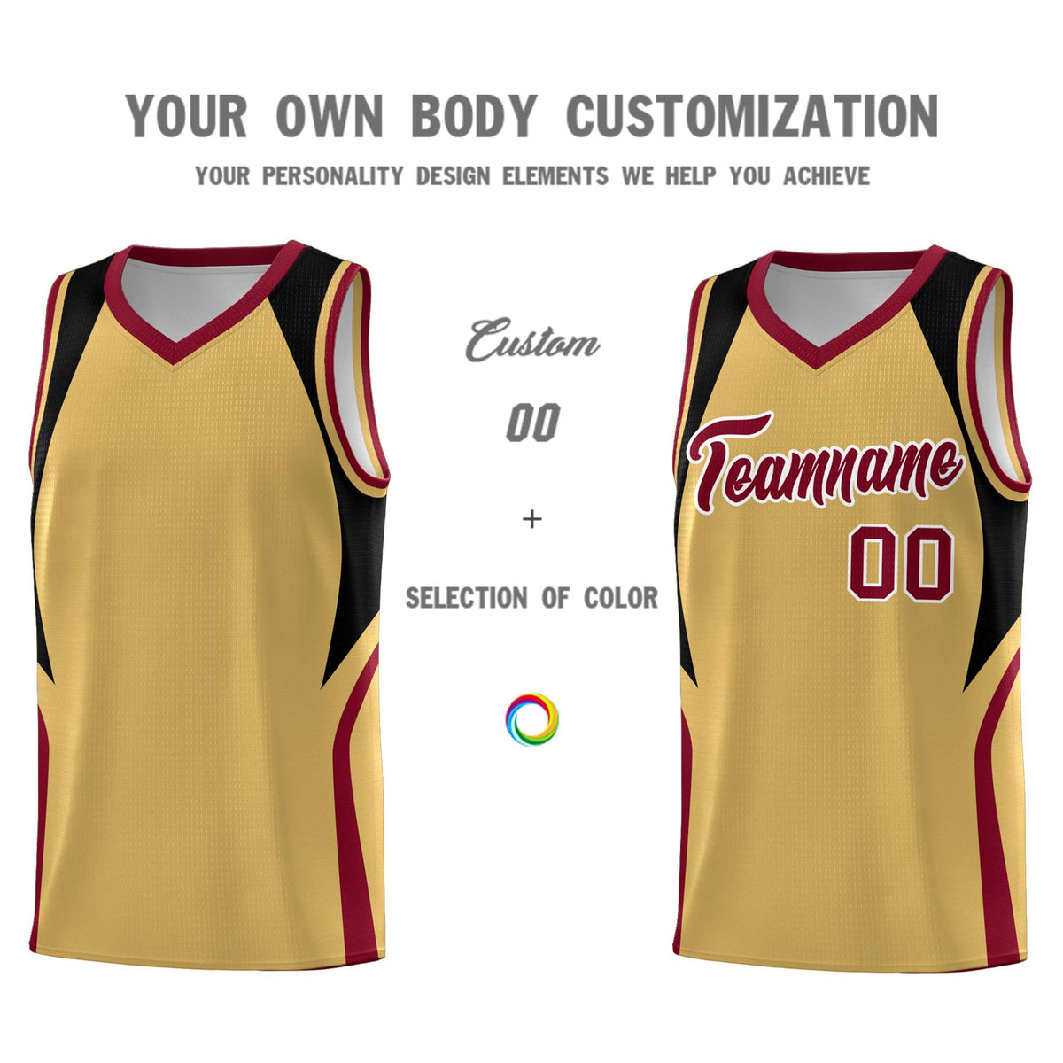 Custom Old Gold Black and Crimson Color Block Sports Uniform Basketball Jersey
