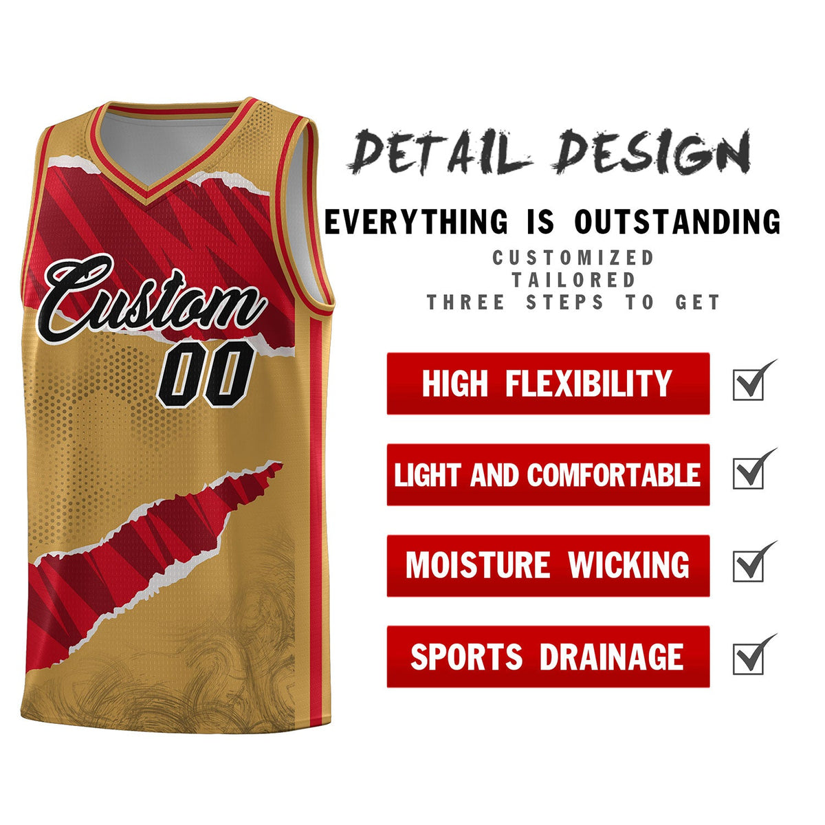 Custom Old Gold Red-Black Tear Graffiti Pattern Sports Uniform Basketball Jersey