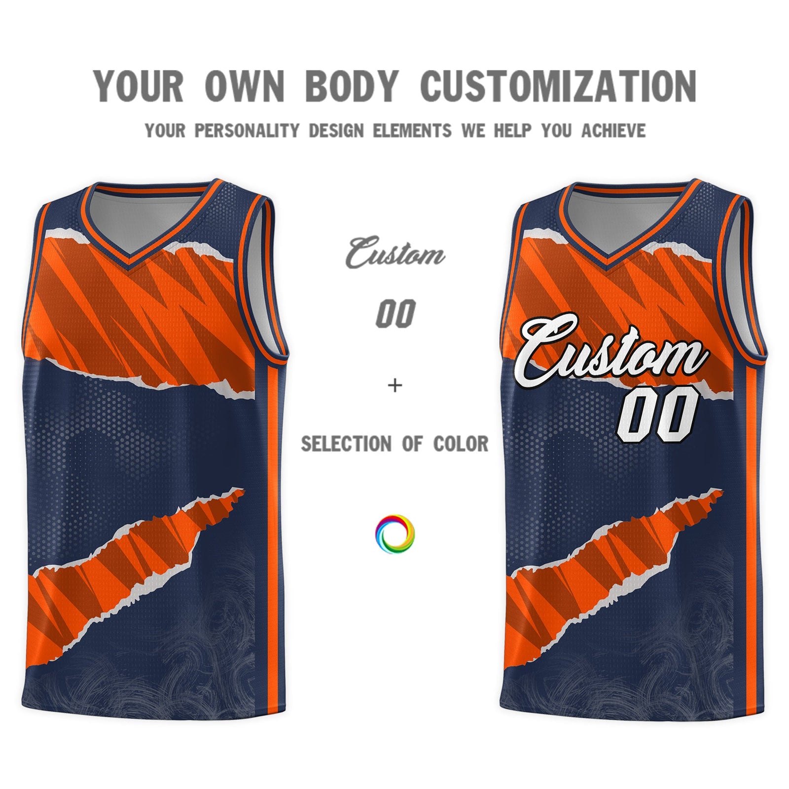 Custom Midnight Blue Orange-Black Tear Graffiti Pattern Sports Uniform Basketball Jersey