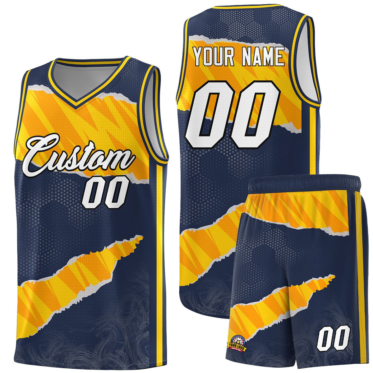 Custom Midnight Blue Gold-Orange Tear Graffiti Pattern Sports Uniform Basketball Jersey