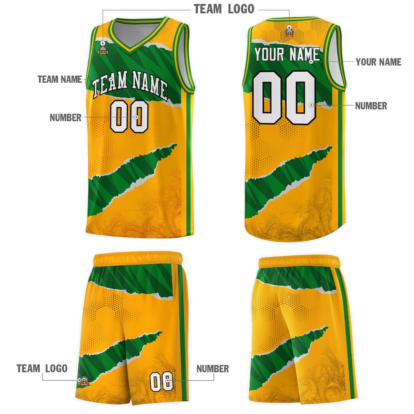 Custom Yellow Kelly Green-Hunter Green Tear Graffiti Pattern Sports Uniform Basketball Jersey