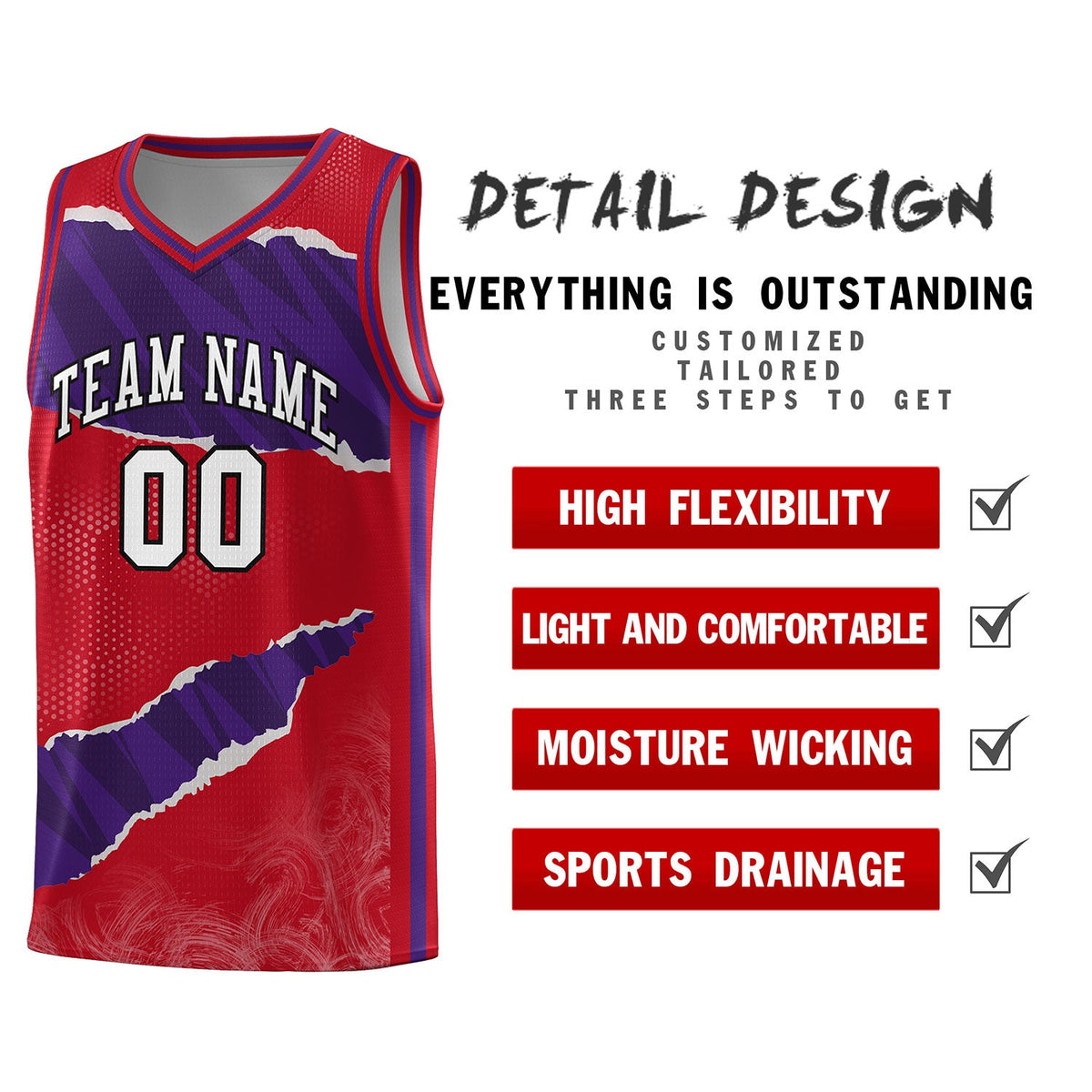 Custom Red Purple-Black Tear Graffiti Pattern Sports Uniform Basketball Jersey