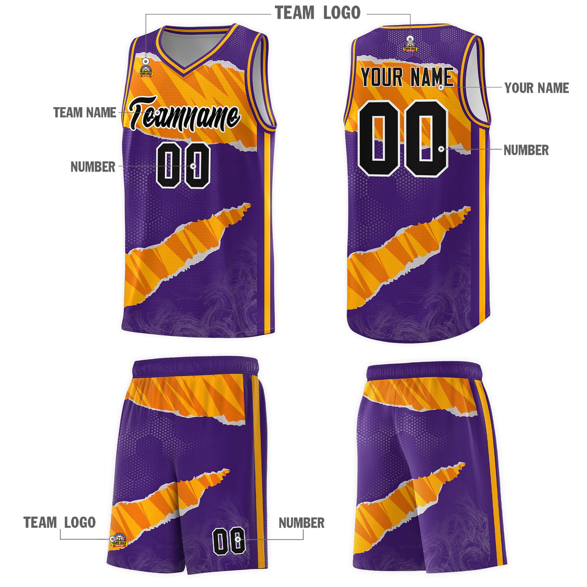 Custom Purple Yellow-Orange Tear Graffiti Pattern Sports Uniform Basketball Jersey