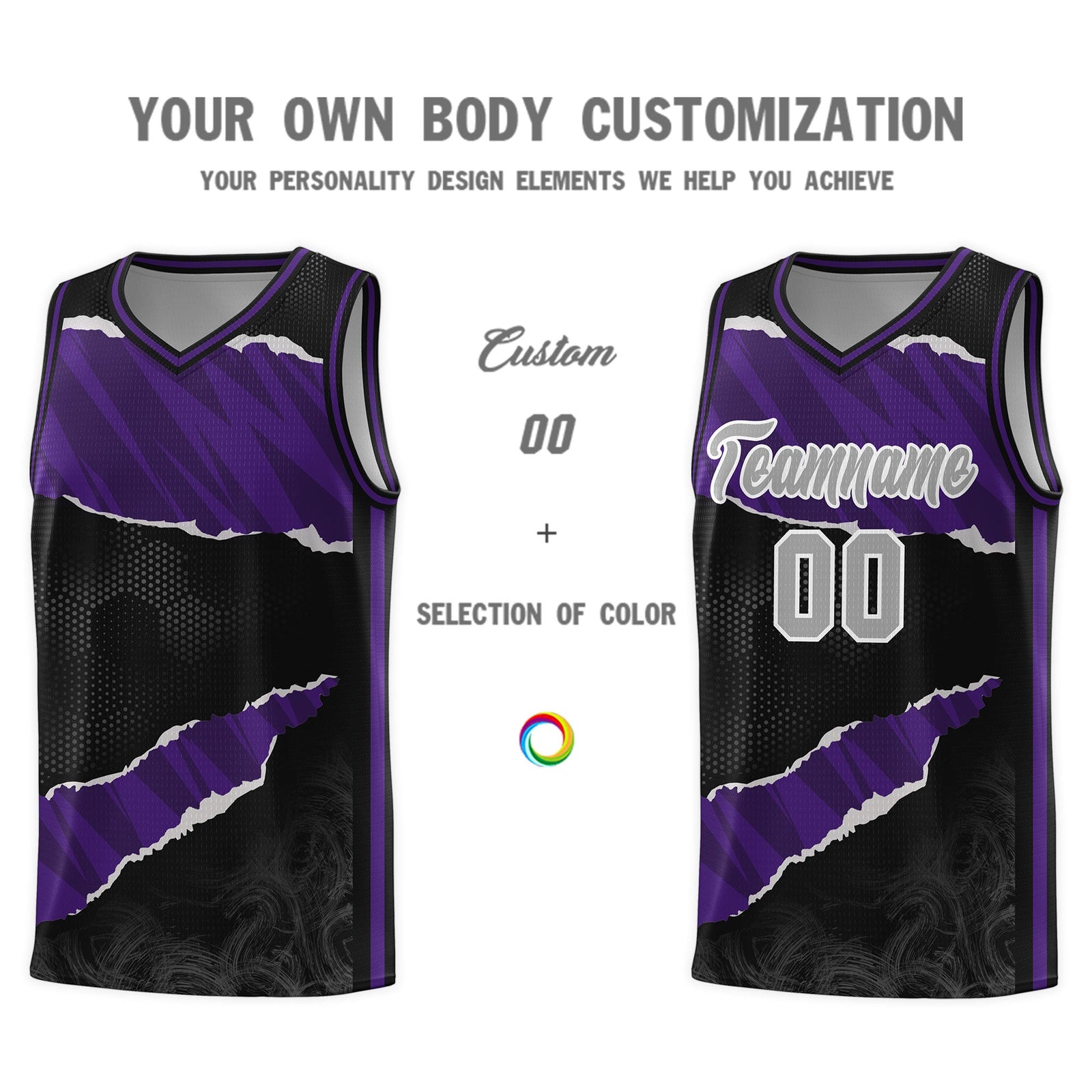 Custom Black Purple-Black Tear Graffiti Pattern Sports Uniform Basketball Jersey