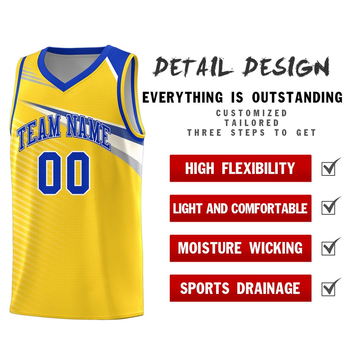 Custom Gold Royal-White Chest Color Block Sports Uniform Basketball Jersey