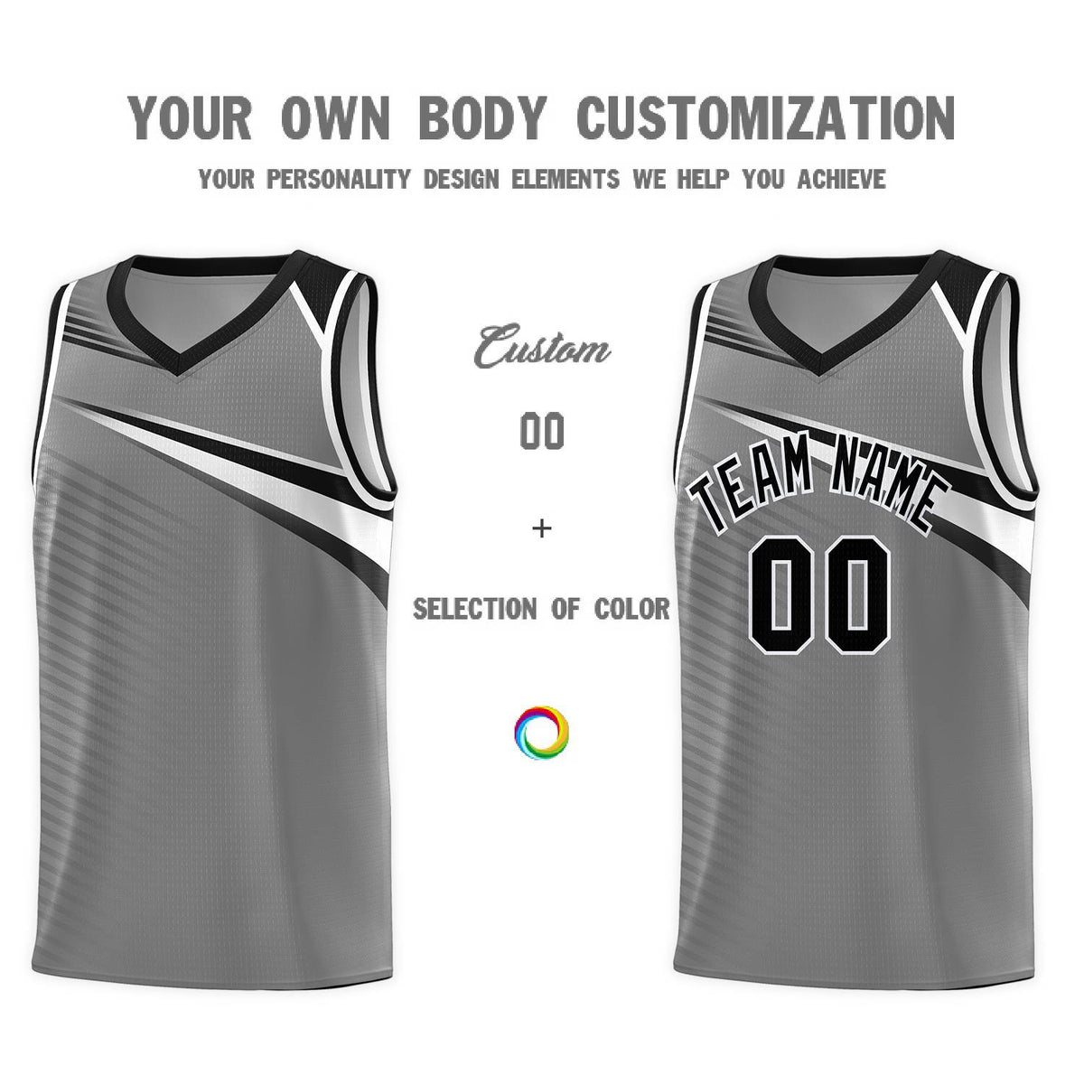 Custom Dark Gray Black-White Chest Color Block Sports Uniform Basketball Jersey