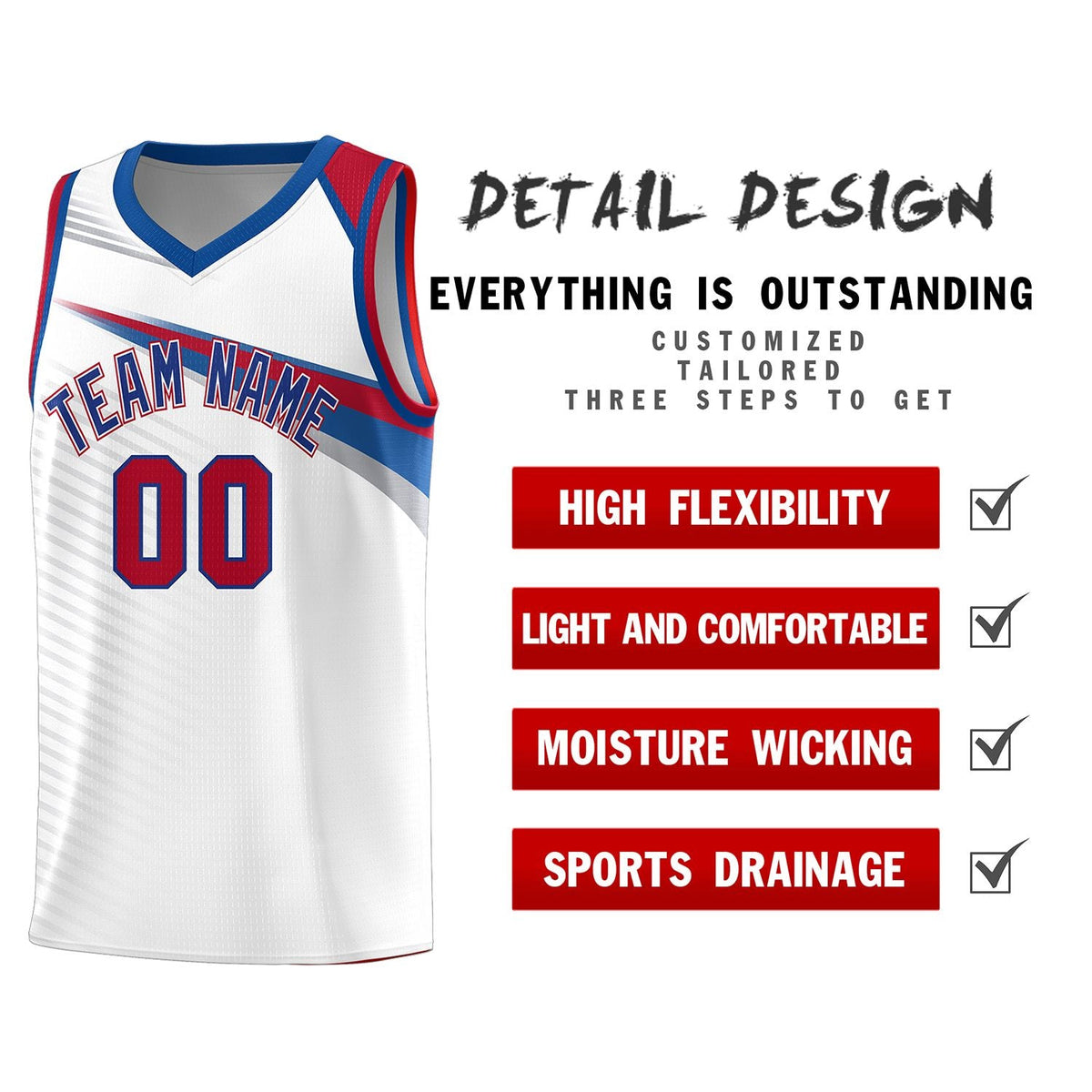 Custom White Royal Chest Color Block Sports Uniform Basketball Jersey