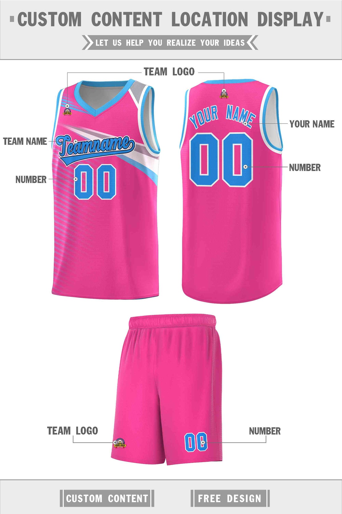 Custom Pink Powder Blue-Navy Chest Color Block Sports Uniform Basketball Jersey