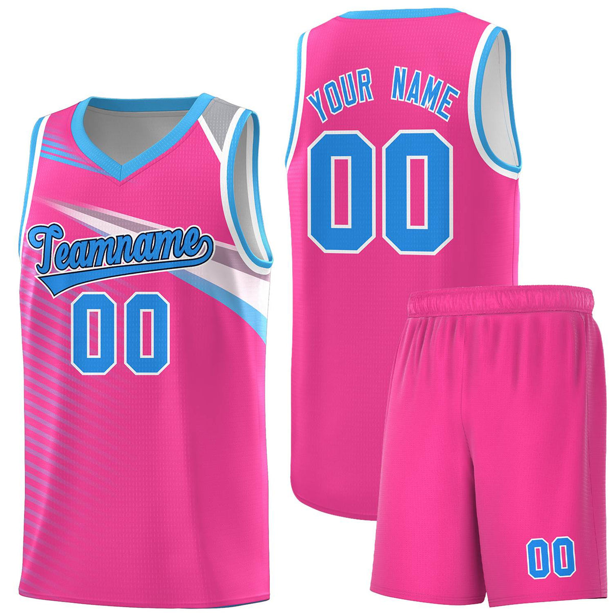Custom Pink Powder Blue-Navy Chest Color Block Sports Uniform Basketball Jersey
