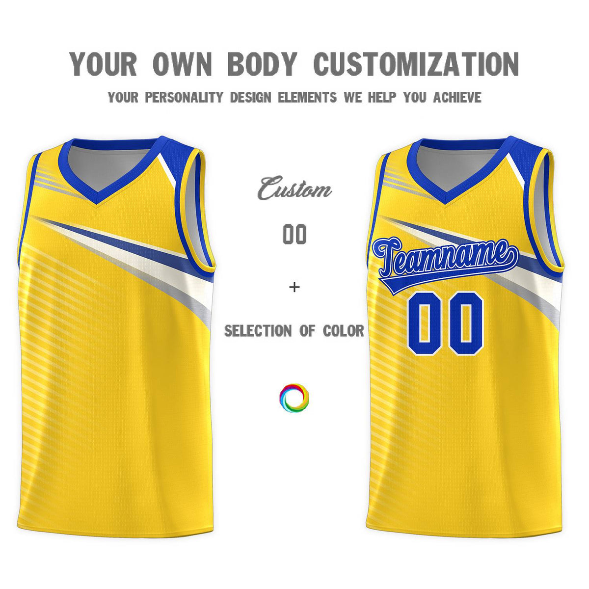 Custom Gold Royal-White Chest Color Block Sports Uniform Basketball Jersey