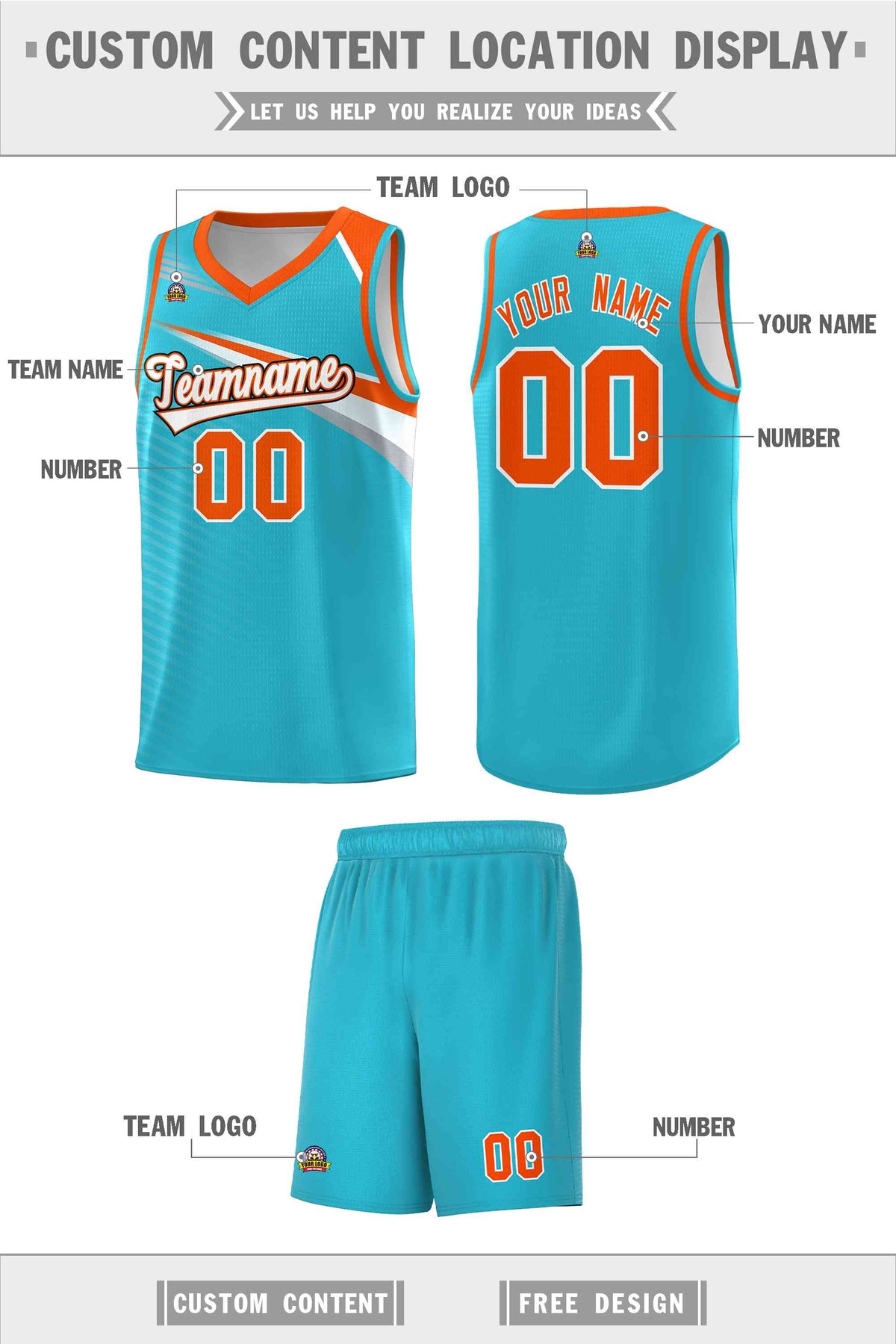 Custom Light Blue White-Orange Chest Color Block Sports Uniform Basketball Jersey