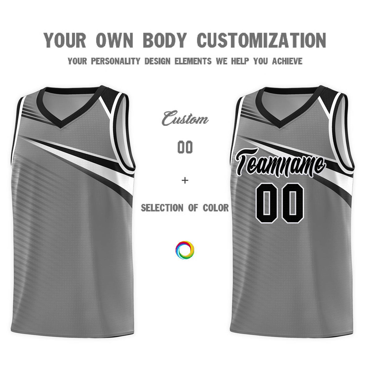 Custom Dark Gray Black-White Chest Color Block Sports Uniform Basketball Jersey