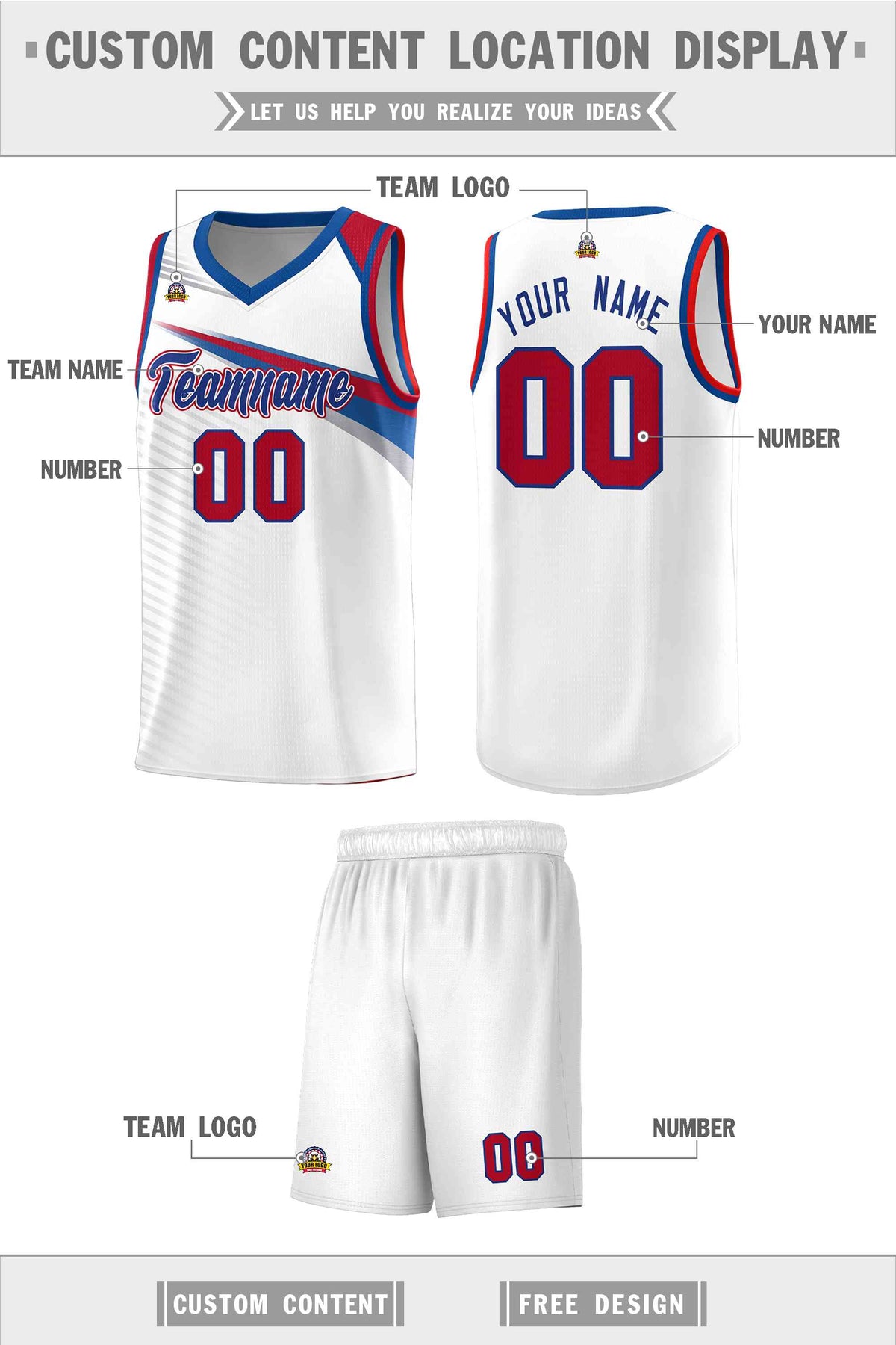 Custom White Royal Chest Color Block Sports Uniform Basketball Jersey