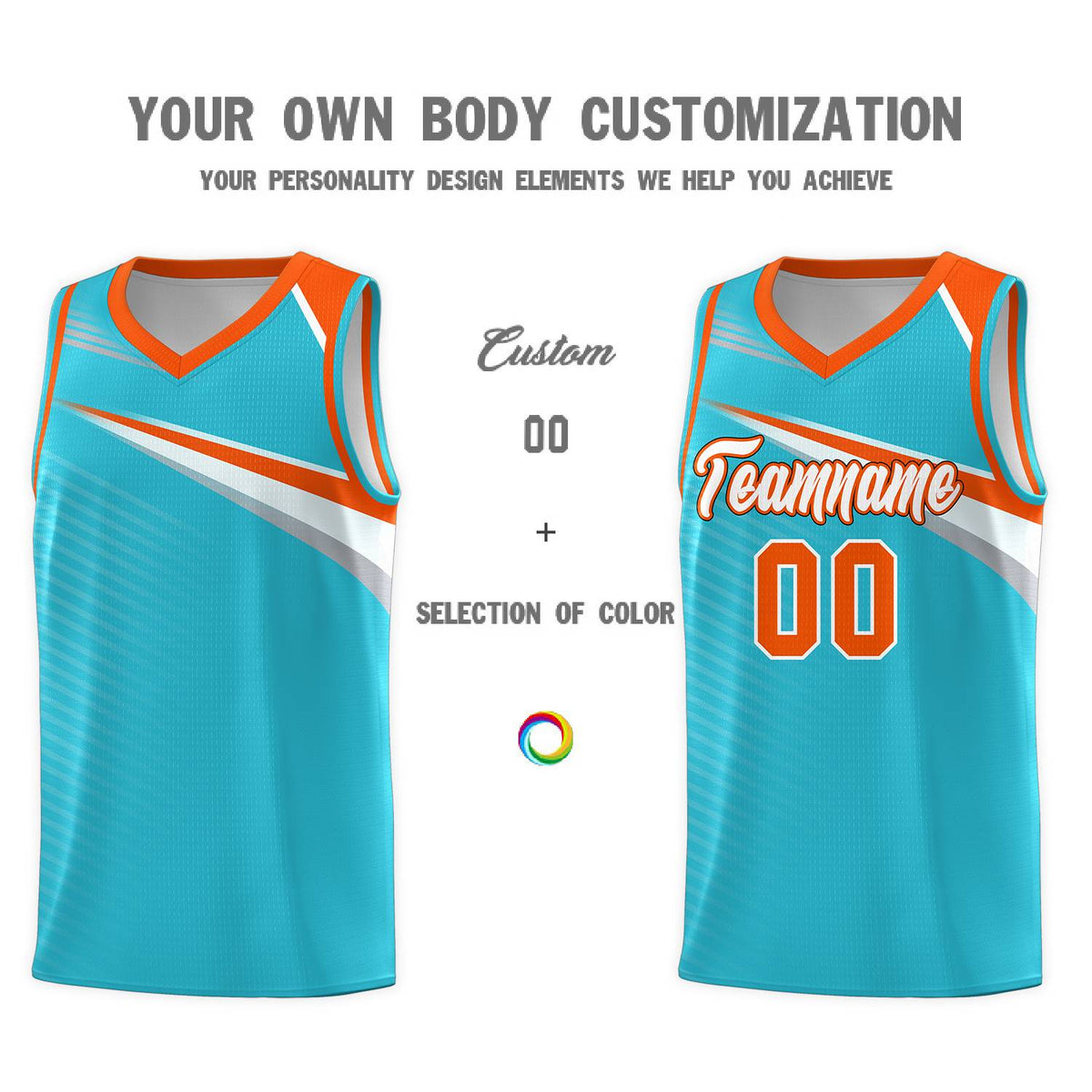 Custom Light Blue White-Orange Chest Color Block Sports Uniform Basketball Jersey