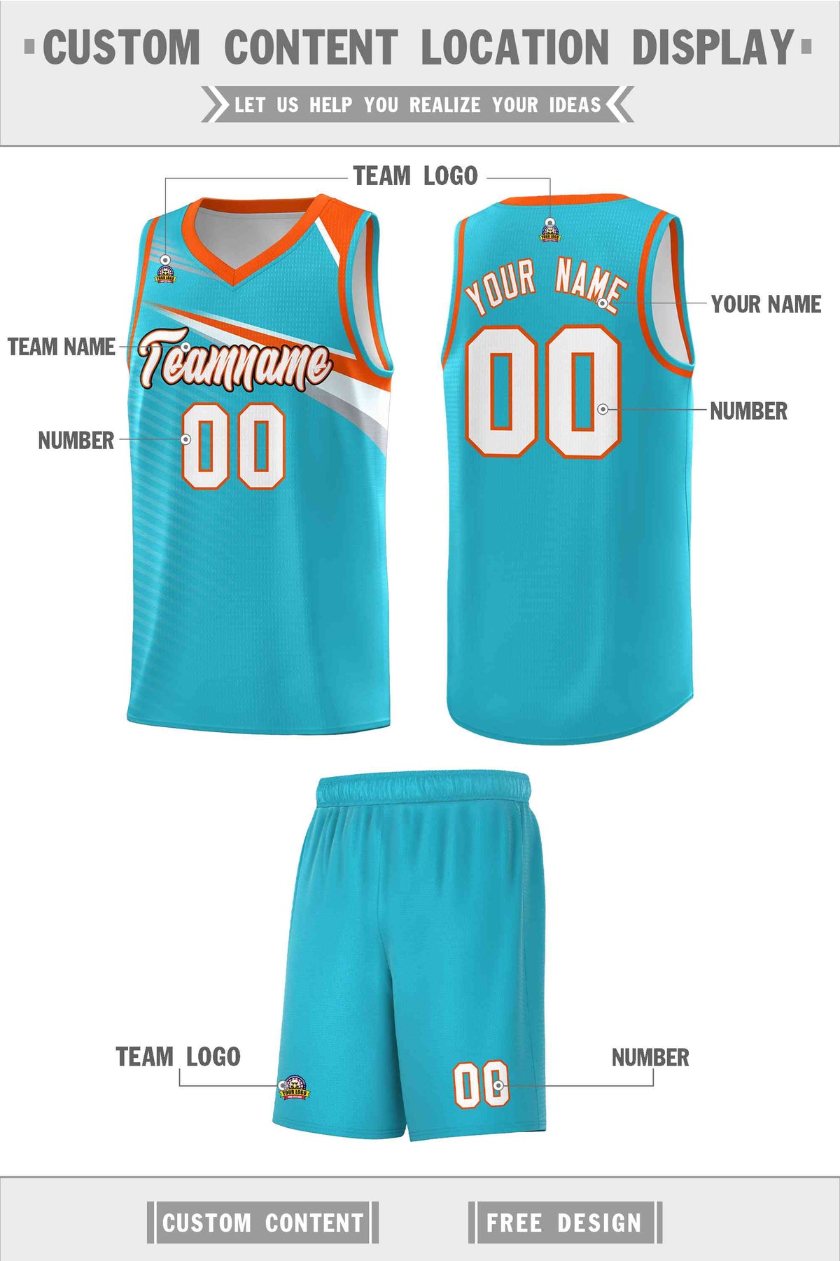 Custom Light Blue White-Orange Chest Color Block Sports Uniform Basketball Jersey