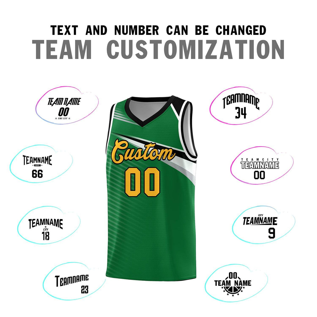 Custom Kelly Green Gold-Black Chest Color Block Sports Uniform Basketball Jersey