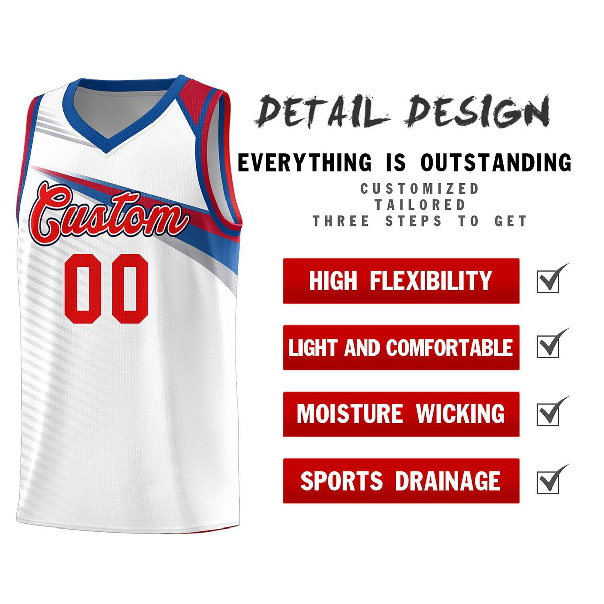 Custom White Red Chest Color Block Sports Uniform Basketball Jersey