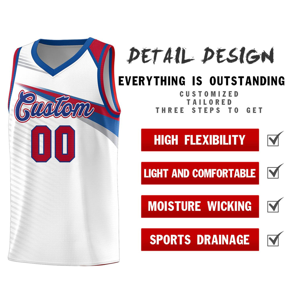 Custom White Royal Chest Color Block Sports Uniform Basketball Jersey