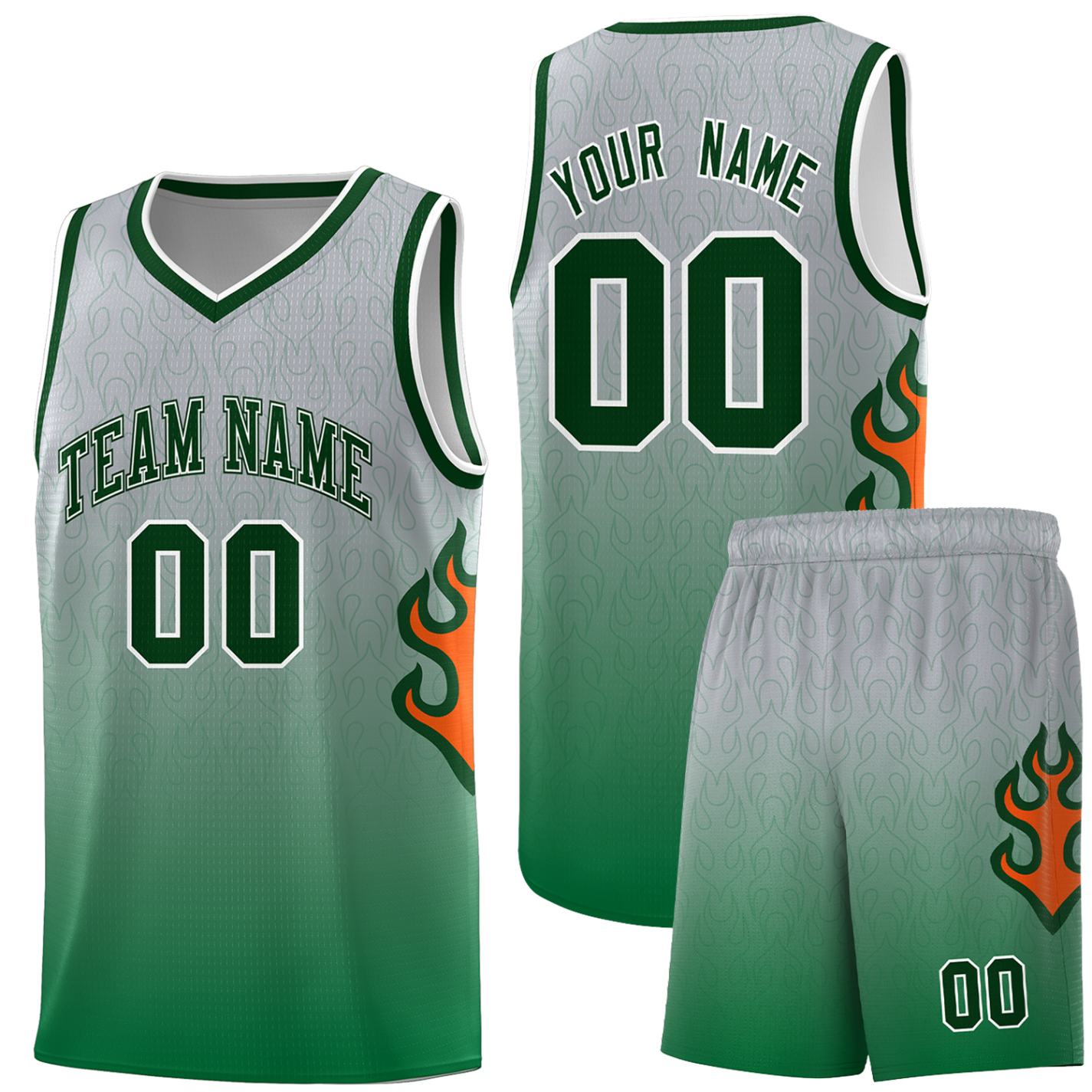 Custom Gray Kelly Green-Green Flame Gradient Fashion Sports Uniform Basketball Jersey