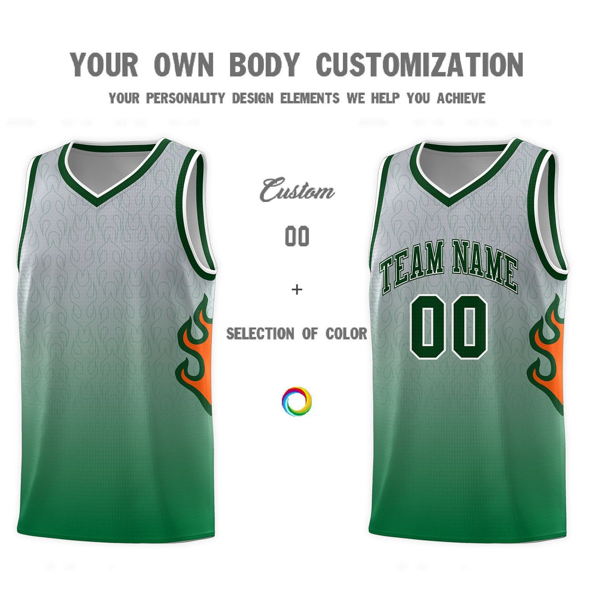Custom Gray Kelly Green-Green Flame Gradient Fashion Sports Uniform Basketball Jersey