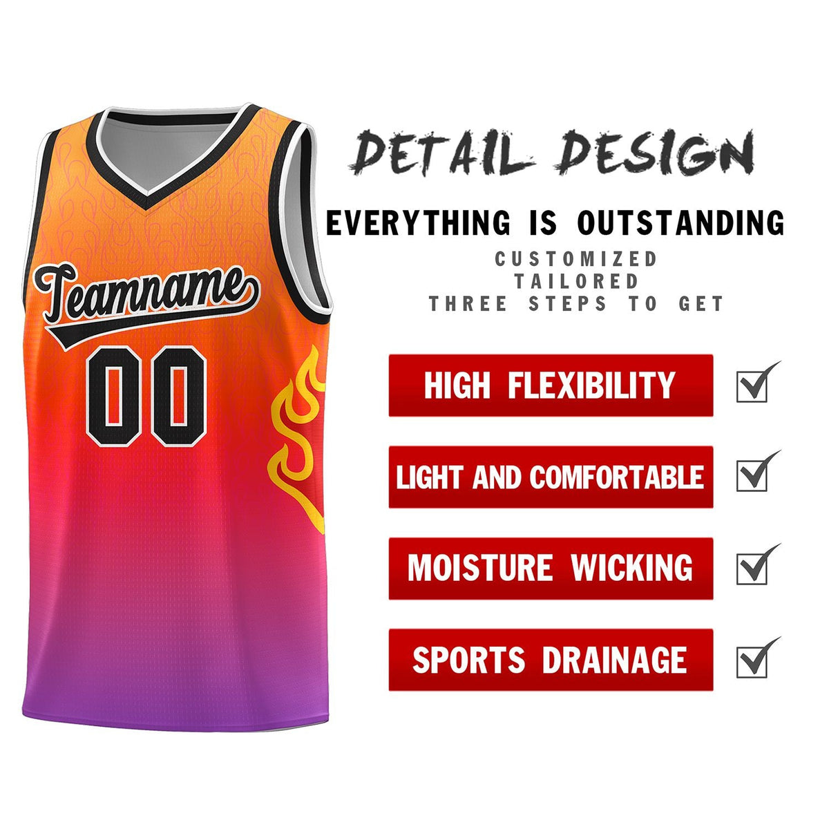 Custom Orange Red-Black Flame Gradient Fashion Sports Uniform Basketball Jersey