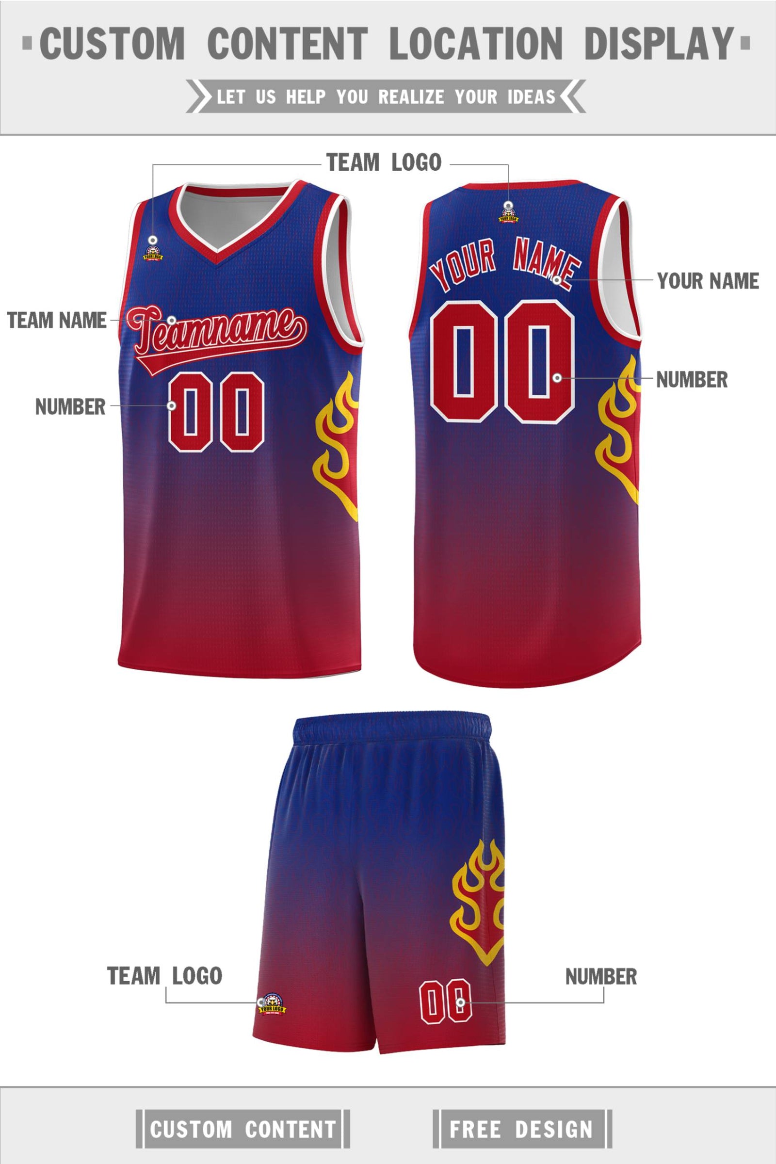 Custom Royal Red-White Flame Gradient Fashion Sports Uniform Basketball Jersey