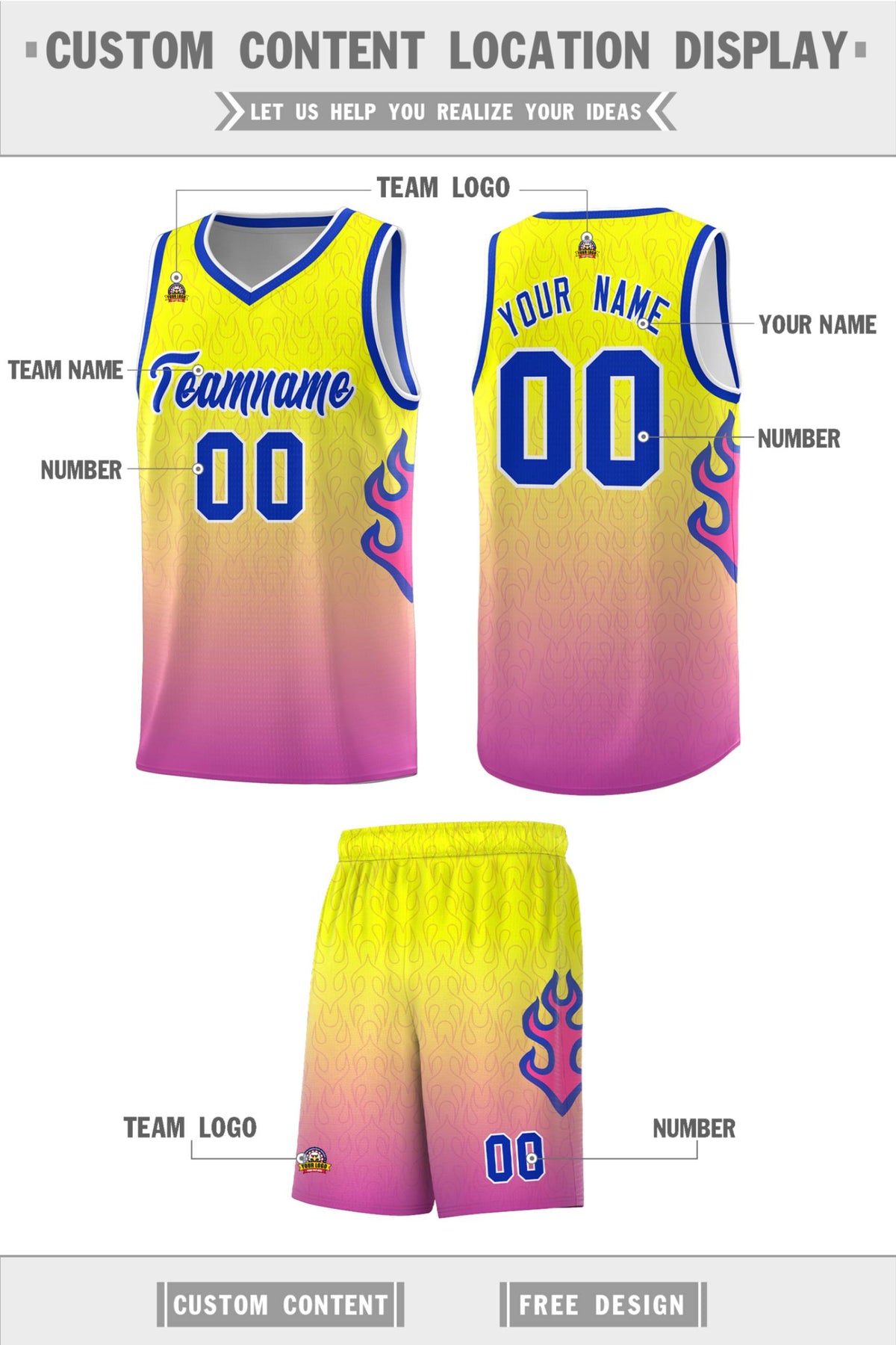 Custom Orange Pink-Royal  Flame Gradient Fashion Sports Uniform Basketball Jersey