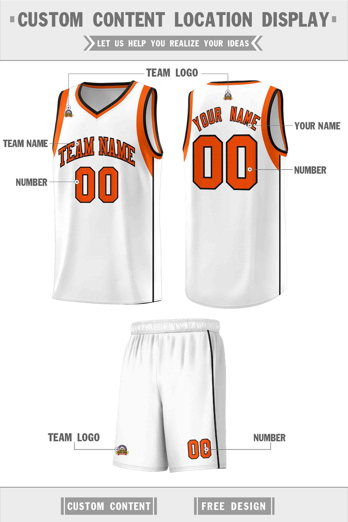 Custom White Orange-Black Sleeve Color Blocking Classic Sports Uniform Basketball Jersey