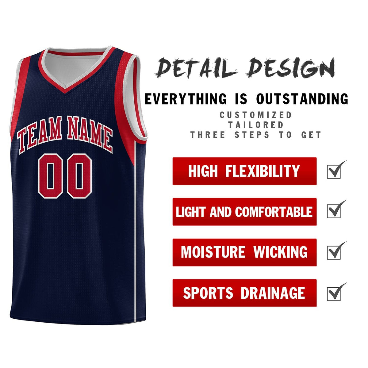 Custom Navy Red-Gray Sleeve Color Blocking Classic Sports Uniform Basketball Jersey