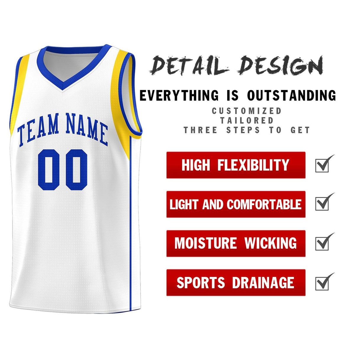 Custom White Royal-Gold Sleeve Color Blocking Classic Sports Uniform Basketball Jersey