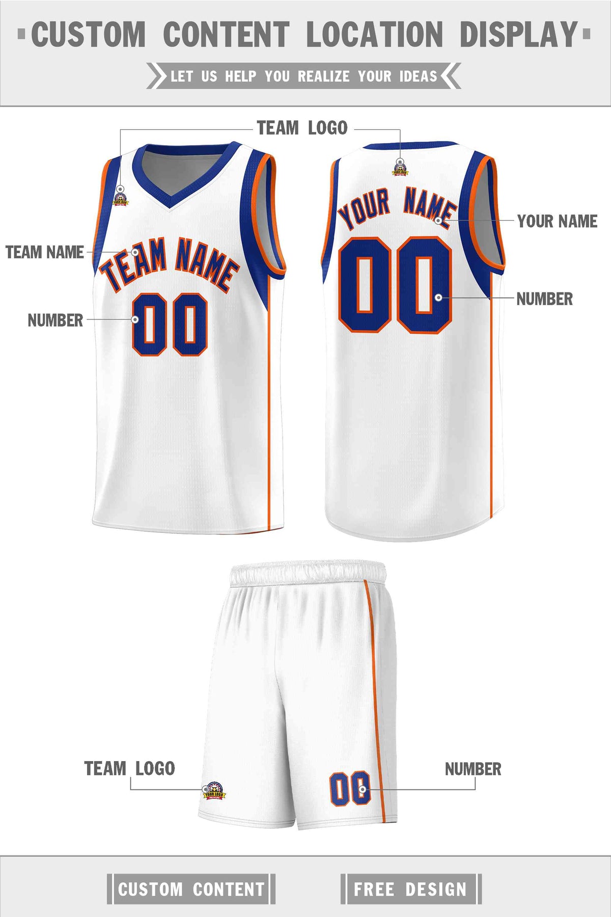 Custom White Royal-Orange Sleeve Color Blocking Classic Sports Uniform Basketball Jersey