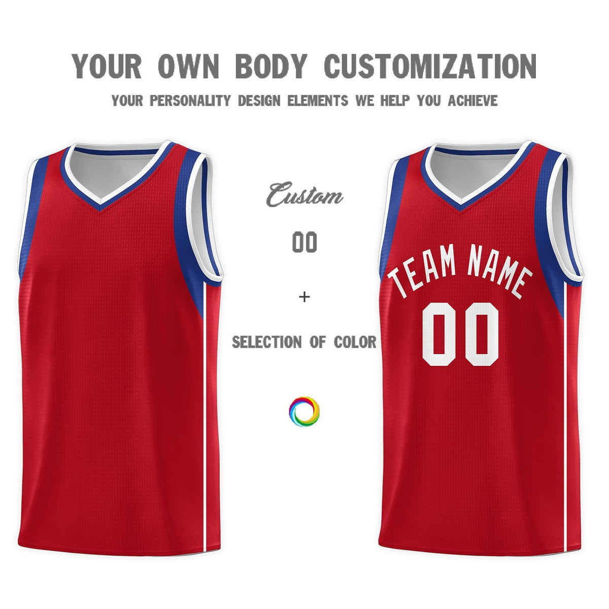 Custom Red Royal-White Sleeve Color Blocking Classic Sports Uniform Basketball Jersey