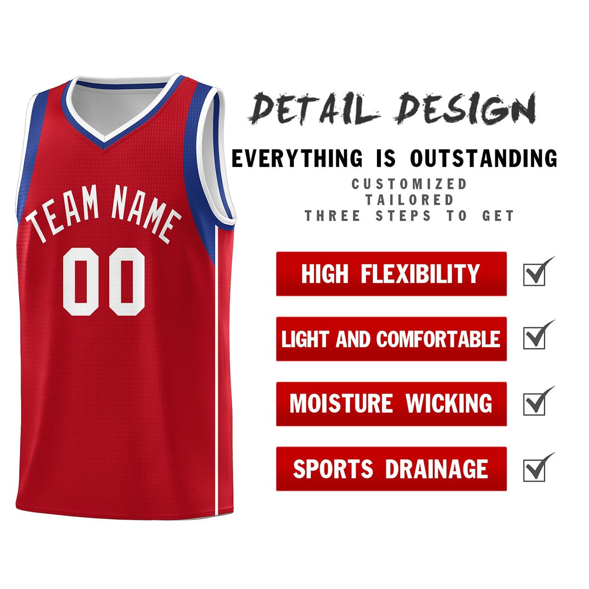 Custom Red Royal-White Sleeve Color Blocking Classic Sports Uniform Basketball Jersey