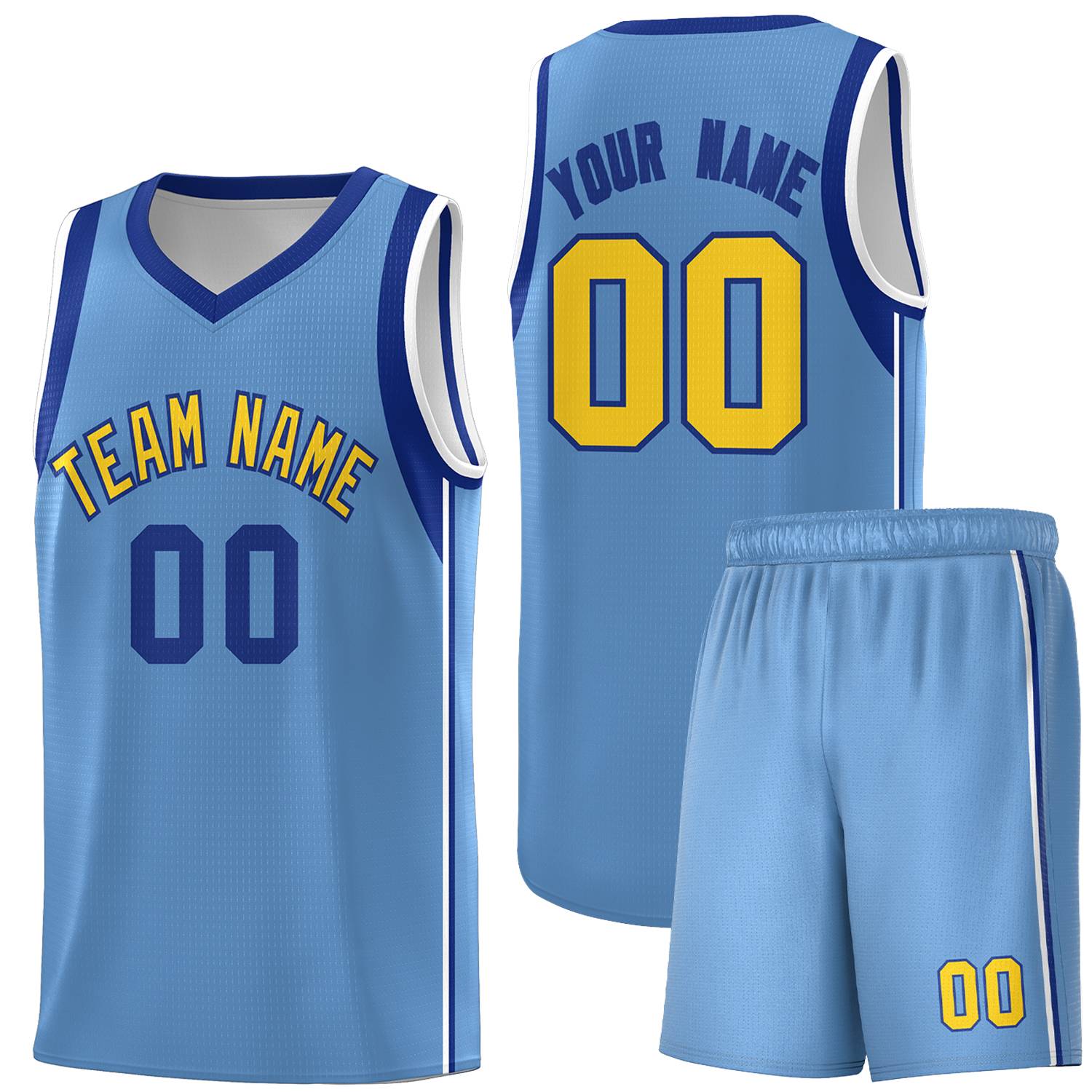 Custom Powder Blue Royal-Gold Sleeve Color Blocking Classic Sports Uniform Basketball Jersey