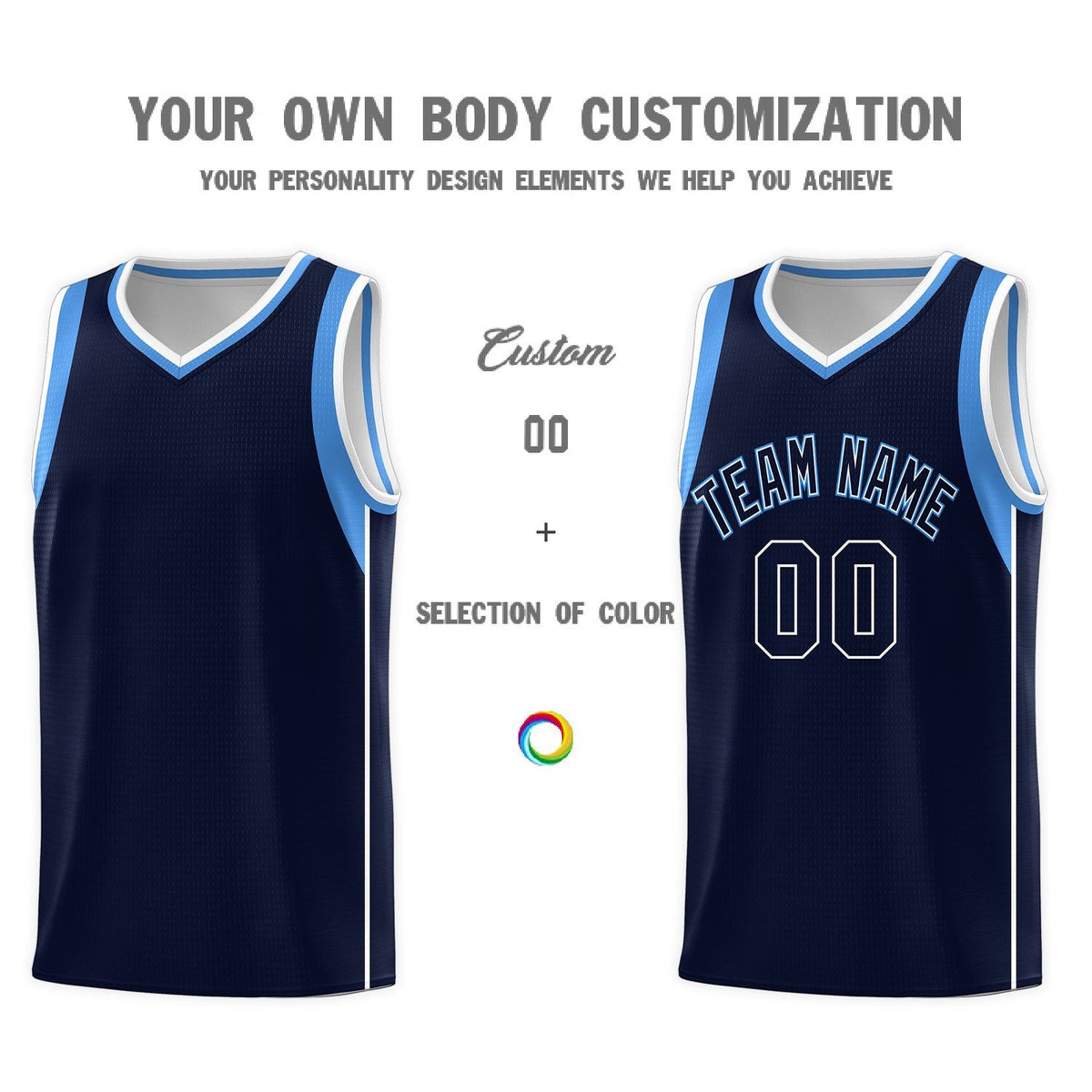 Custom Navy Powder Blue-White Sleeve Color Blocking Classic Sports Uniform Basketball Jersey