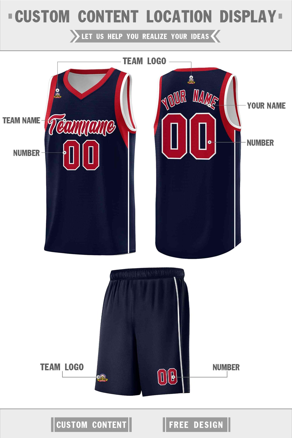 Custom Navy Red-White Sleeve Color Blocking Classic Sports Uniform Basketball Jersey