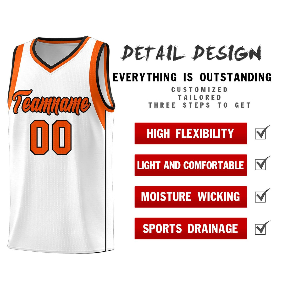 Custom White Orange-Black Sleeve Color Blocking Classic Sports Uniform Basketball Jersey