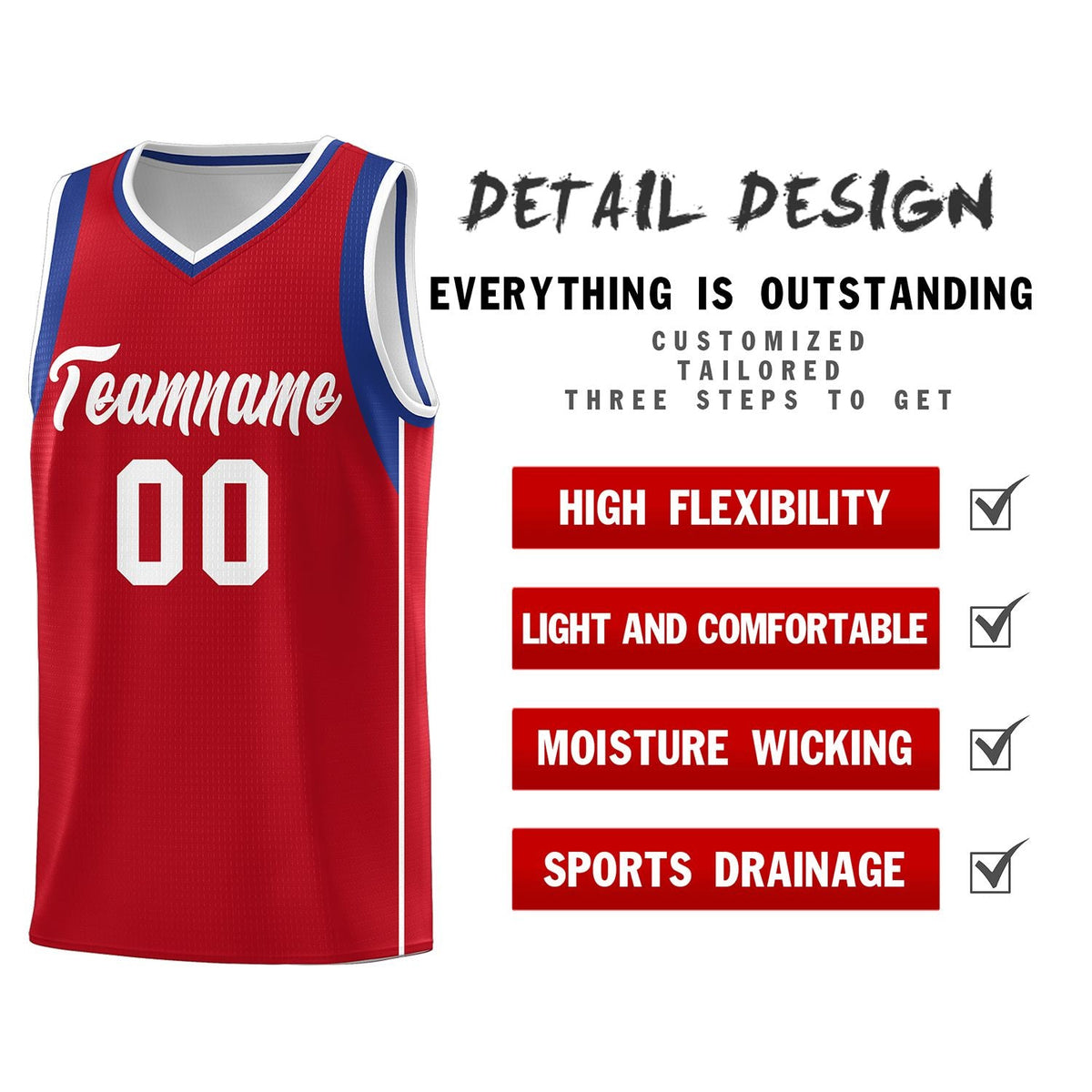 Custom Red Royal-White Sleeve Color Blocking Classic Sports Uniform Basketball Jersey