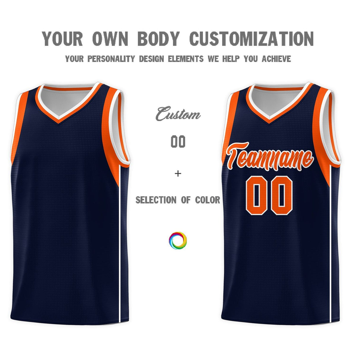 Custom Navy Orange-White Sleeve Color Blocking Classic Sports Uniform Basketball Jersey