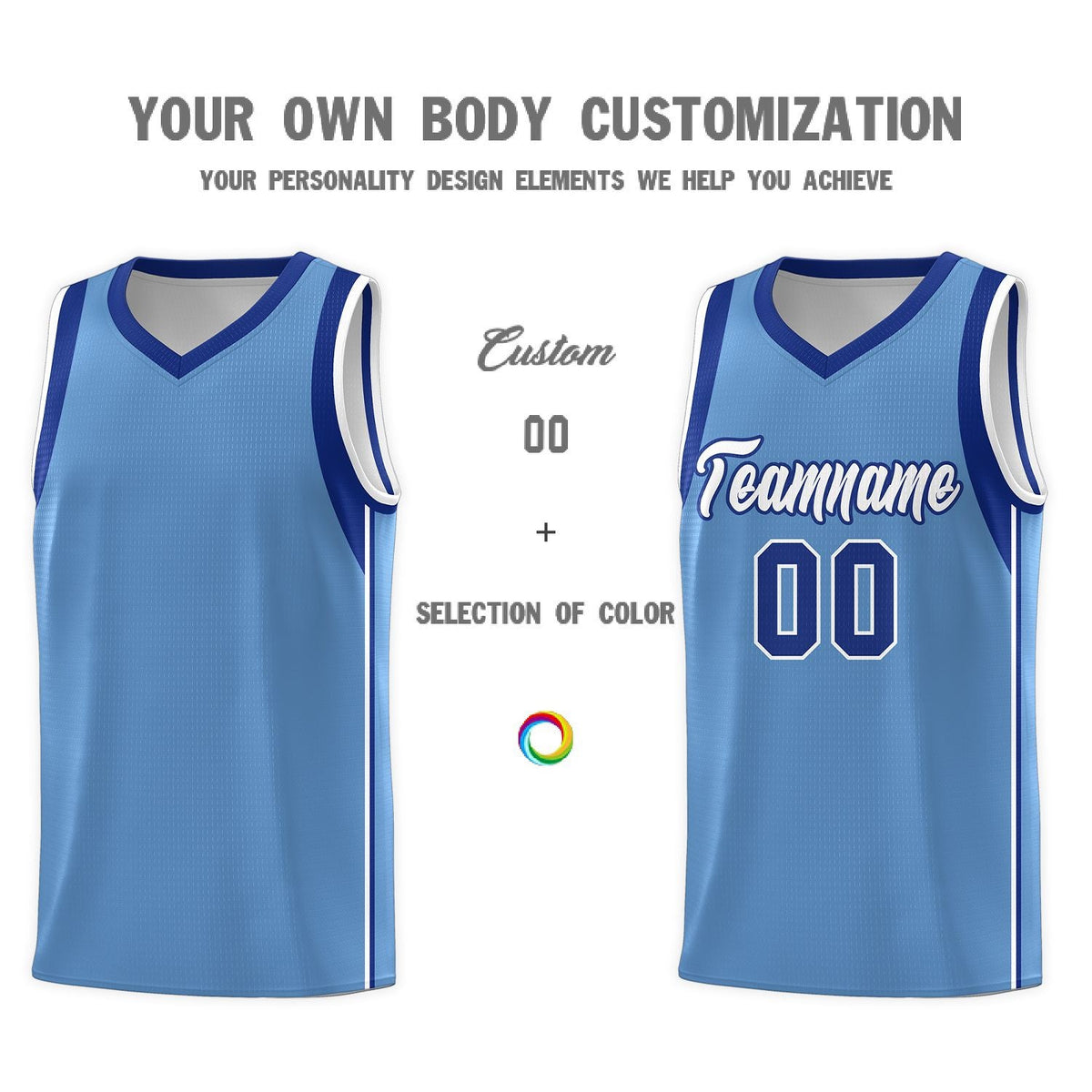 Custom Powder Blue Royal-White Sleeve Color Blocking Classic Sports Uniform Basketball Jersey